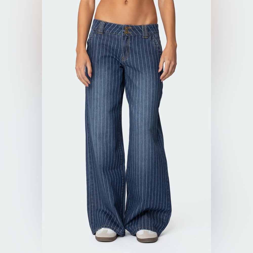 Edikted Blue Pinstripe Flare Jeans